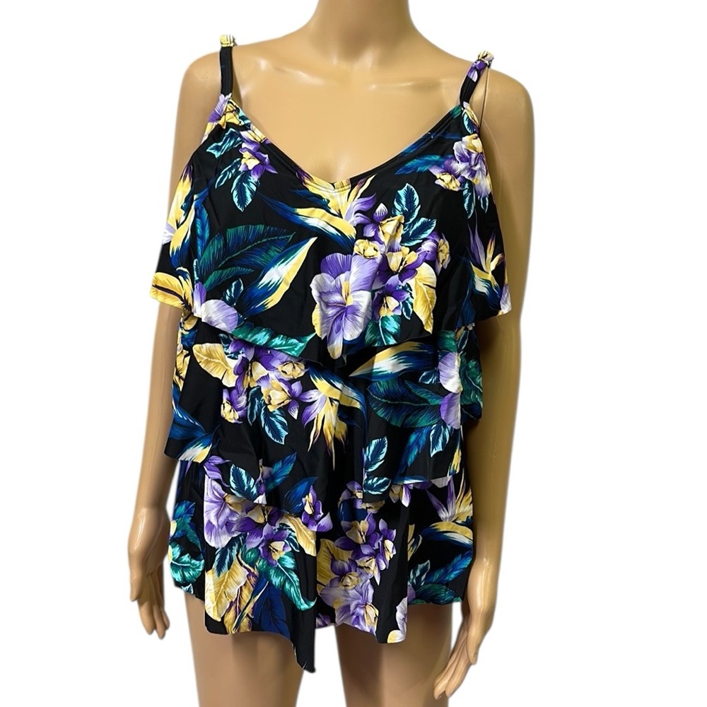 St Johns Bay Black Purple Floral Print Tiered Tankini Swimsuit Top Plus Size 18